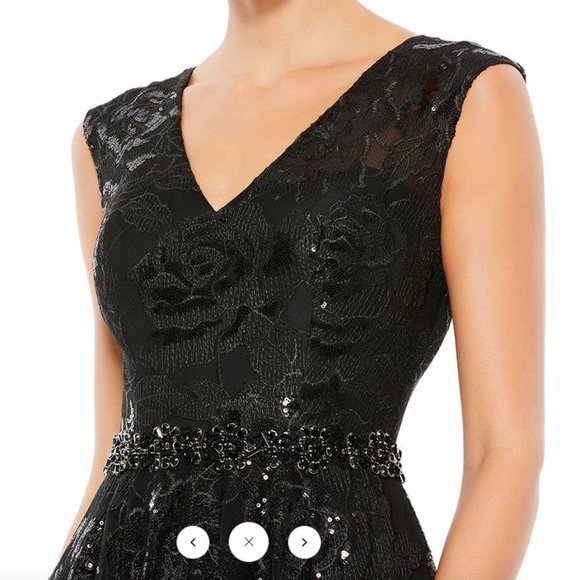 MAC DUGGAL12413 EMBROIDERED EMBELLISHED WAIST CAP SLEEVE A-LINE BLACK GOWN sz 12 - Picture 4 of 7